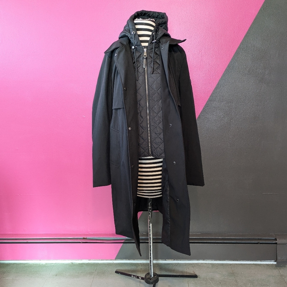 NWT DKNY Black Flextech Hooded Coat with Quilted Bib Medium